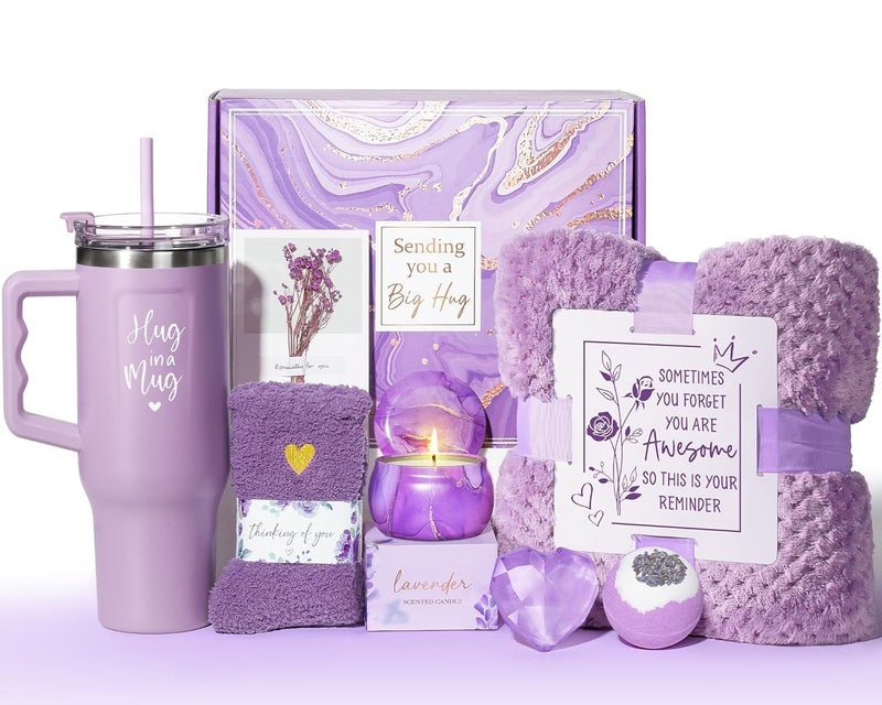 Qinline Birthday Gifts for Women Self Care Get Well Soon Gifts, Lavender Relaxing Spa Bath Gift Basket Care Package w/ Flannel Blanket 40 OZ Tumbler, Valentines Day Gift for Her Wife Girlfriend Mom Grandma - Image 1